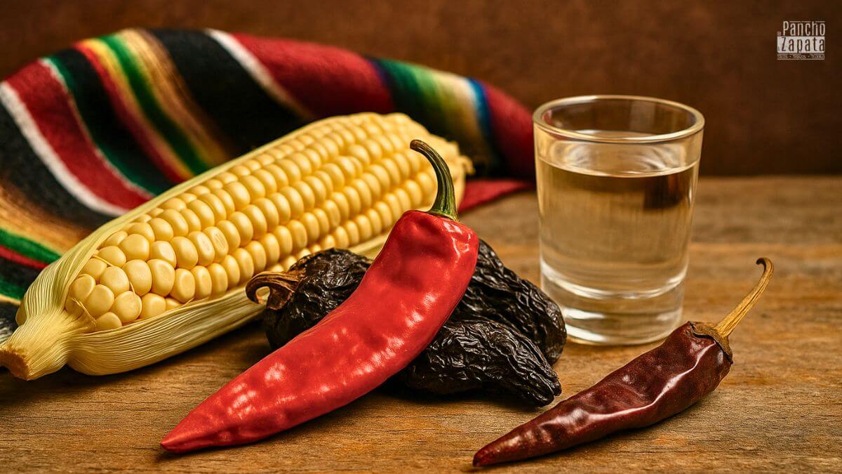 Ingredientes mexicanos: chile, maíz y mezcal sobre mesa