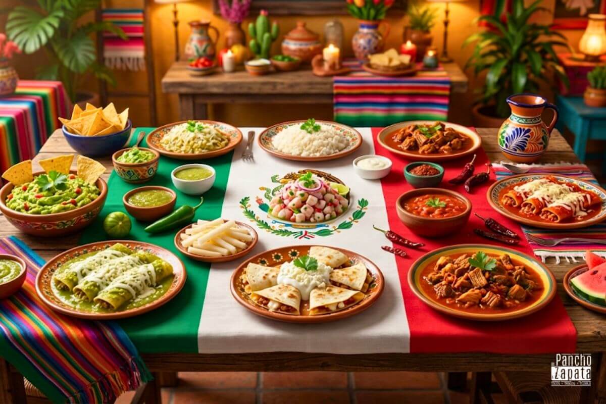 Mesa completa en De Pancho a Zapata con platos que forman la bandera tricolor de México.