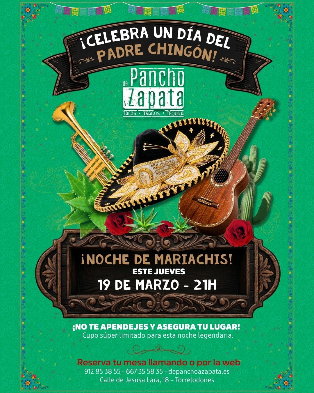Anuncio del evento de mariachis el jueves 19 de marzo a las 21h para celebrar el Día del Padre en Pancho