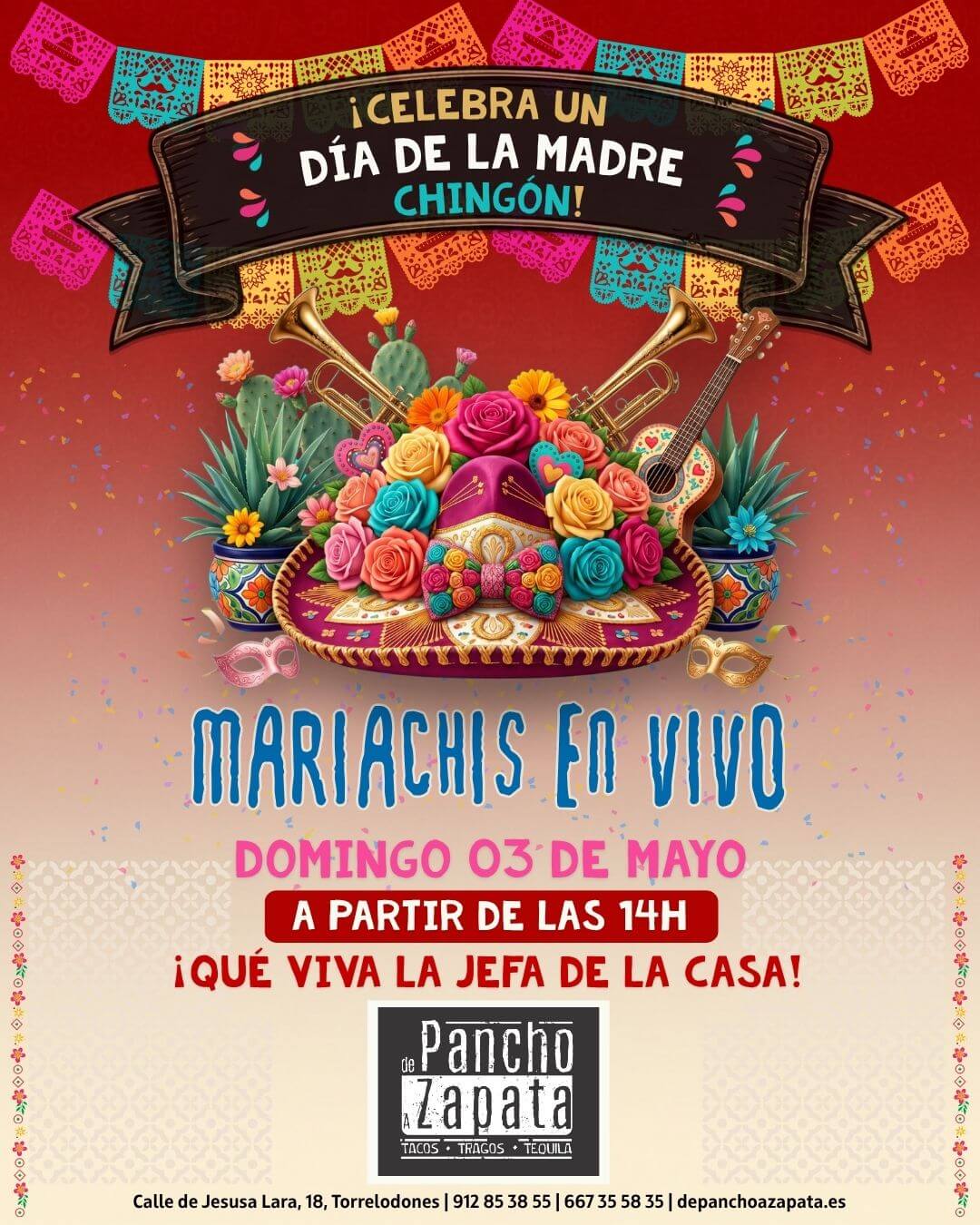 Cartel oficial del evento del Día de la Madre con Mariachis en De Pancho a Zapata.