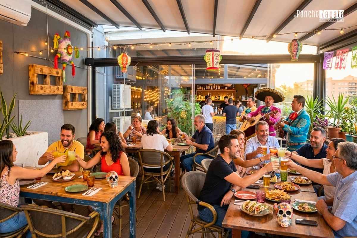 Ambiente de tardeo mexicano en la terraza de De Pancho a Zapata en Torrelodones.