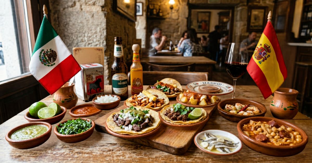 Un primer plano de una mesa servida con tacos variados y una bandera mexicana pequeña junto a elementos castizos de Madrid, representando la unión cultural.