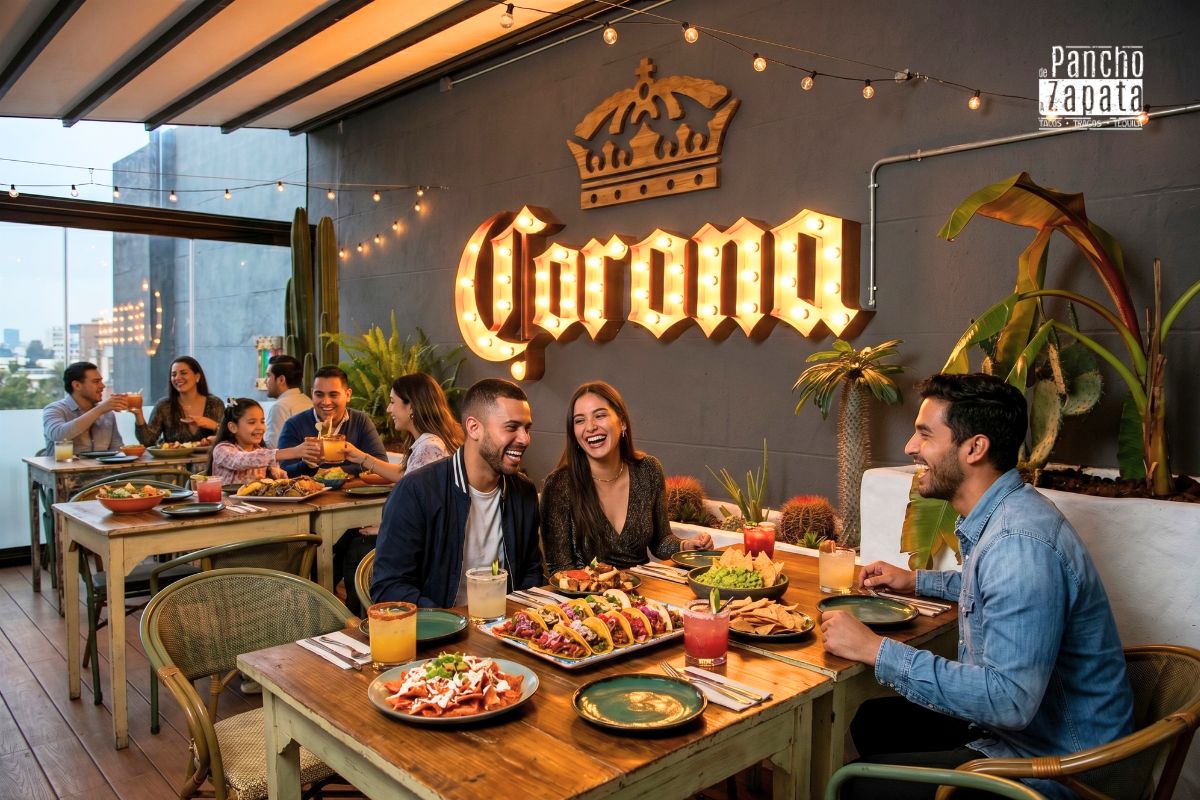 Un grupo de amigos riendo y disfrutando de una cena con comida mexicana colorida en De Pancho a Zapata. (Imagen Hero / Destacada)
