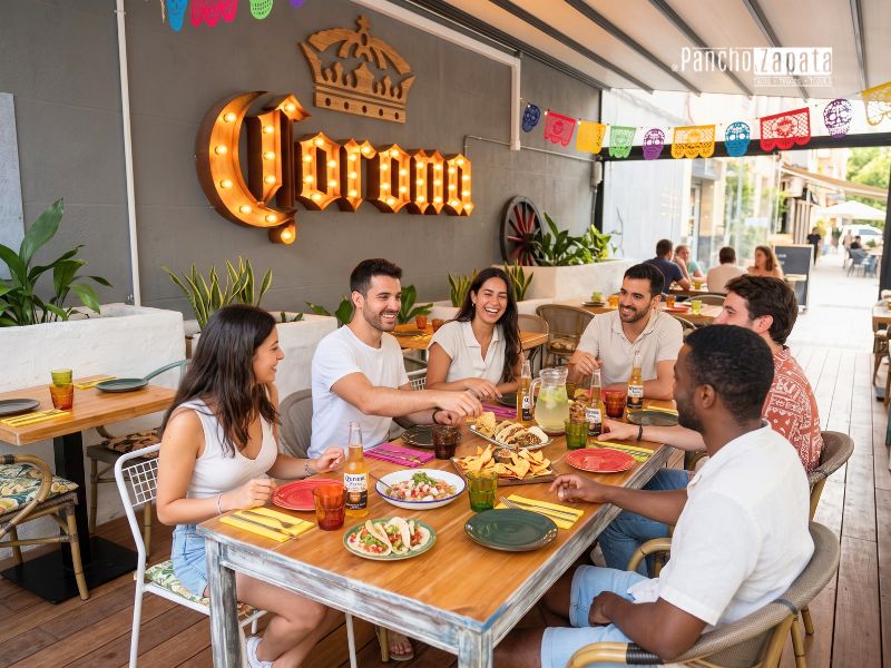 Grupo de amigos disfrutando de una cena de verano al aire libre en la terraza de De Pancho a Zapata en agosto.
