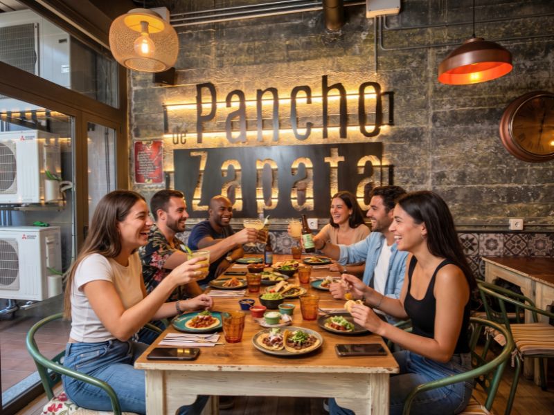 Grupo de amigos disfrutando de tragos y tacos entre semana en De Pancho a Zapata