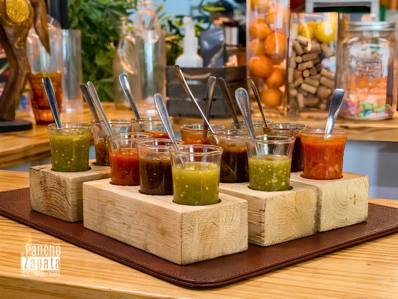 Variedad de salsas artesanales mexicanas servidas en cuencos de barro en la mesa de De Pancho a Zapata.