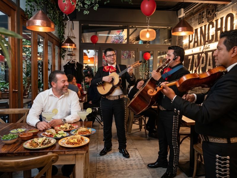 Mariachis tocando en directo entre las mesas de De Pancho a Zapata